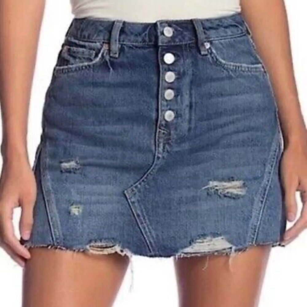 Free People Denim A-Line Harvey Mini Skirt Frayed Hem Distressed Size 27 NWT